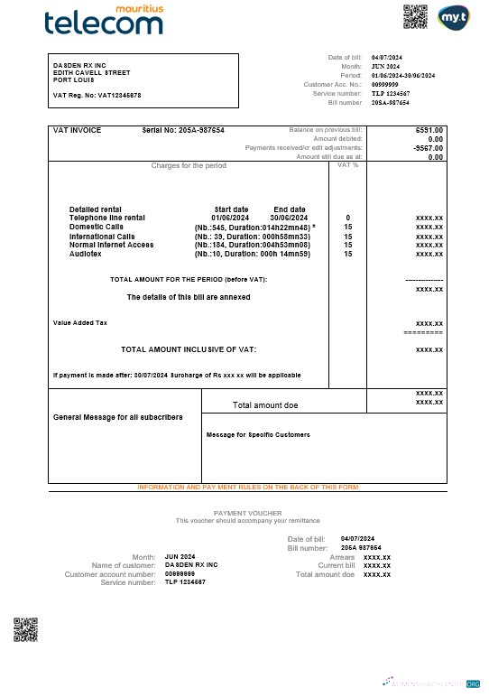 Download Mauritius Telecom Mauritius business utility bill template in Word Photoshop template